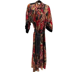California Dynasty Vintage Paisley Floral Long Robe Velvet Trim Red Black Large